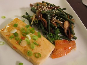 Sweet chili tofu, chinese long beans and shiitake stir-fry, little piece of Jeff's salmon