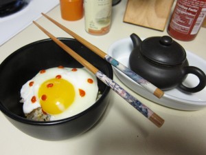 Egg and rice with tea