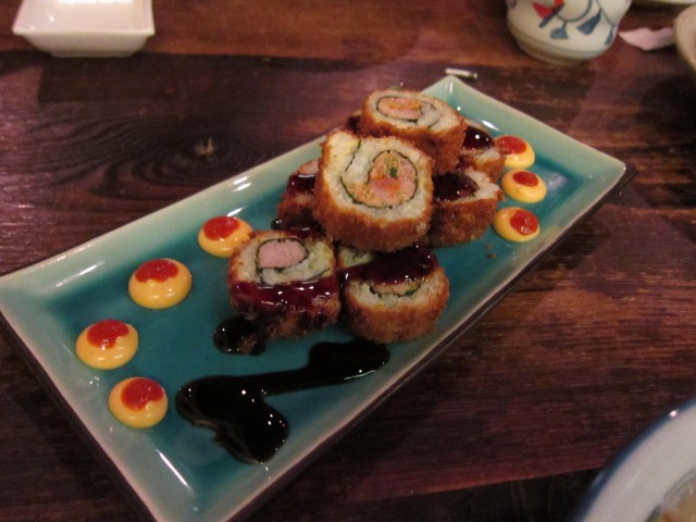 Samurai roll with eel sauce, mayo, and sriracha