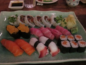 Uni, toro, salmon, octopus, salmon maki, salmon skin roll