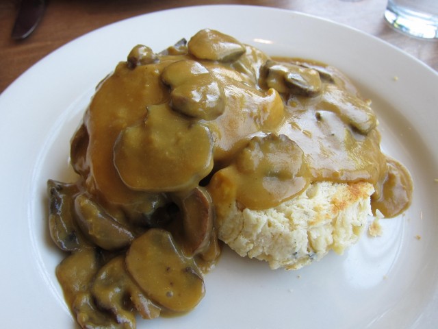 Cafe Flora mushroom miso gravy over biscuits