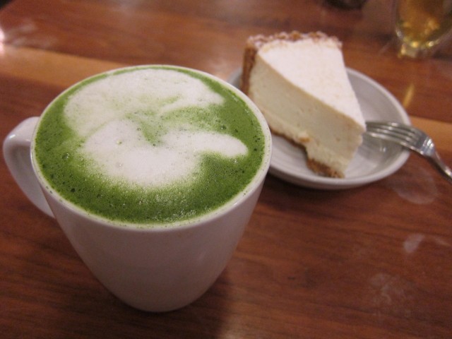 Miro matcha latte and vanilla cheesecake