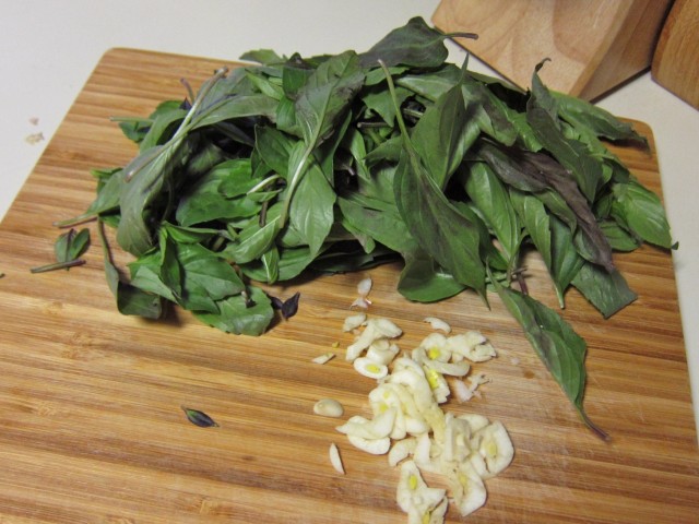 Thai basil and chopped garlic