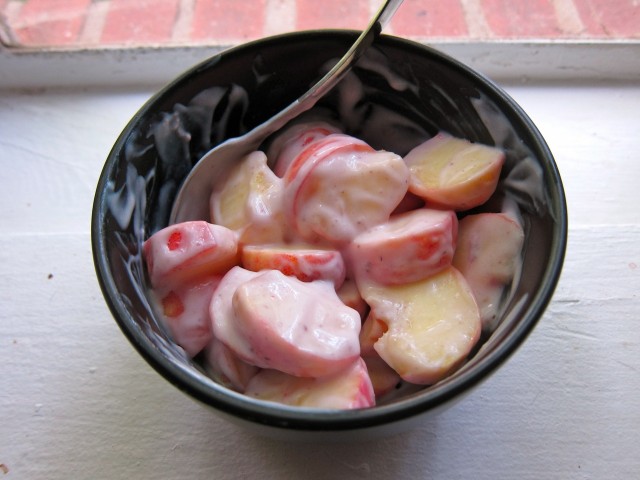 Donut peaches in strawberry goat yogurt