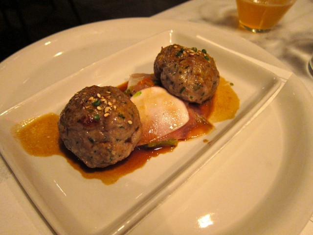 Duck meatballs in soy miso glaze