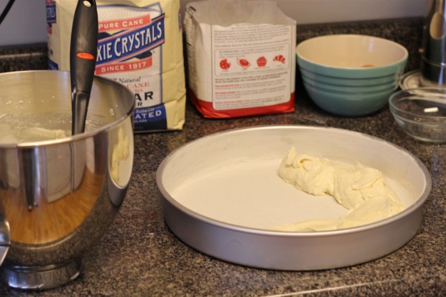 Dollops of batter in the baking pan