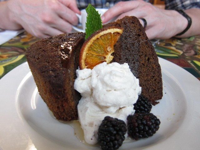 Gingerbread with five spice cream and orange