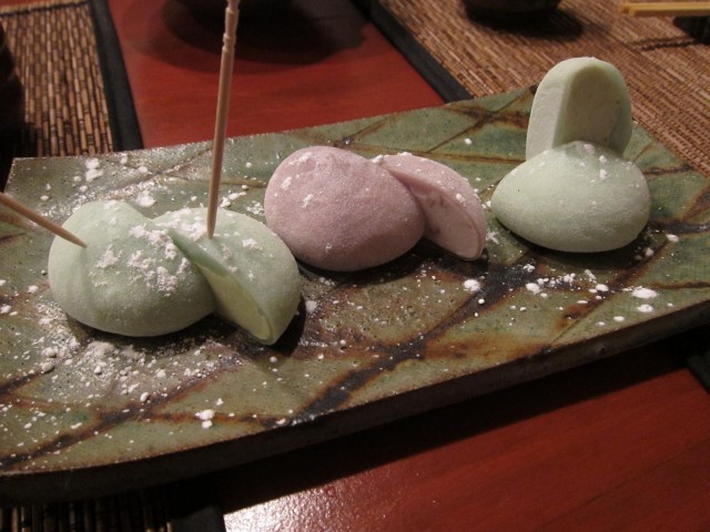 green tea, sakura blossom, and pistachio mochi ice creams