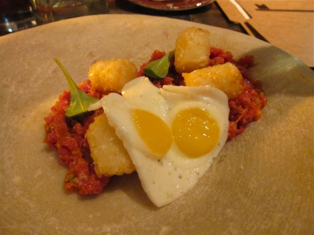 Harissa beef tartare with tater tots