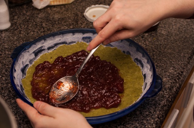 JF spreading jam on matcha bars